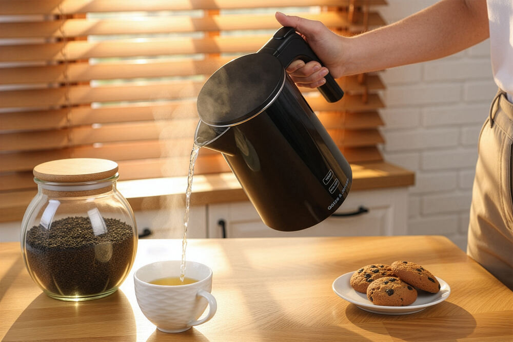 Czajnik GÖTZE & JENSEN KT730K kompaktowy 1 litr z wyświetlaczem temperatury i podwójnymi ściankami Ujęcie przedstawiające nalewanie gorącej wody prosto z czajnika Goetze & Jensen do białej filiżanki z herbatą. Z dzióbka czajnika unosi się para. Na stole obok filiżanki stoi duży słoik z liśćmi herbaty i talerzyk z czekoladowymi ciasteczkami.