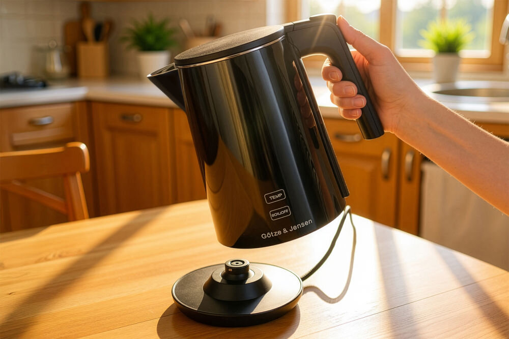 Czajnik GÖTZE & JENSEN KT730K 1 litr z mocą 2200 W kompaktowe wymiary do małych kuchni Czarny czajnik Goetze & Jensen unoszony z okrągłej podstawy. W tle widoczna jasna kuchnia oświetlona słońcem wpadającym przez okno. Na czajniku widoczne przyciski TEMP i BOIL/OFF oraz logo Goetze & Jensen.