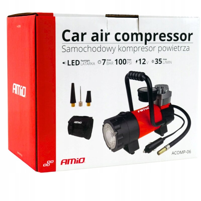 Opakowanie samochodowego kompresora powietrza AMiO z widocznym urządzeniem, końcówkami i torbą. Na opakowaniu znajdują się napisy: \'Car air compressor\', \'Samochodowy kompresor powietrza\', \'LED LATARKA\', \'7 max BAR\', \'100 max PSI\', \'12V\', \'35 L/MIN\'.