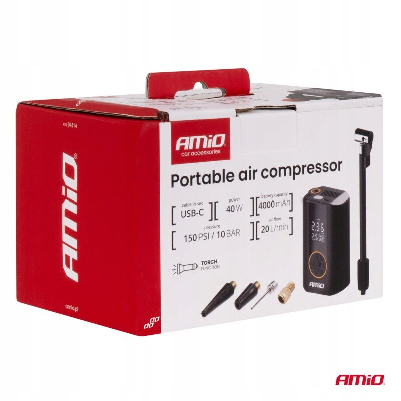 Opakowanie przenośnego kompresora powietrza marki AMiO z widocznymi specyfikacjami: kabel USB-C, moc 40 W, pojemność baterii 4000 mAh, ciśnienie 150 PSI / 10 BAR, przepływ powietrza 20 l/min. Na opakowaniu znajduje się również ilustracja kompresora oraz kilka końcówek do pompowania.