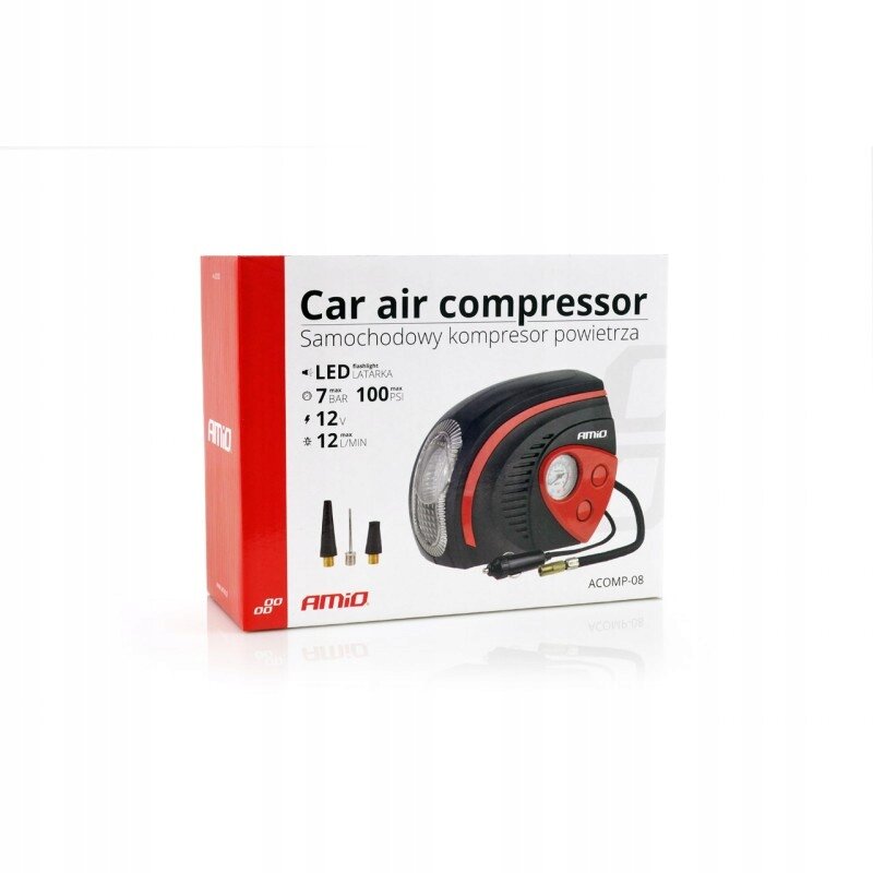 Opakowanie produktu z napisem \'Car air compressor Samochodowy kompresor powietrza\' oraz logo \'AMiO\'. Widoczny jest obrazek kompresora i specyfikacje: LED latarka, 7 BAR, 100 PSI, 12V, 12 L/MIN.