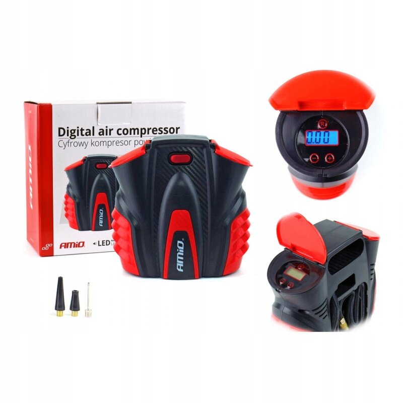 Na obrazie widoczny jest cyfrowy kompresor powietrza z wyświetlaczem LED, w kolorach czarnym i czerwonym, z logo \'AMiO\'. Obok znajduje się pudełko z napisem \'Digital air compressor Cyfrowy kompresor powietrza\' oraz trzy różne końcówki do pompowania.
