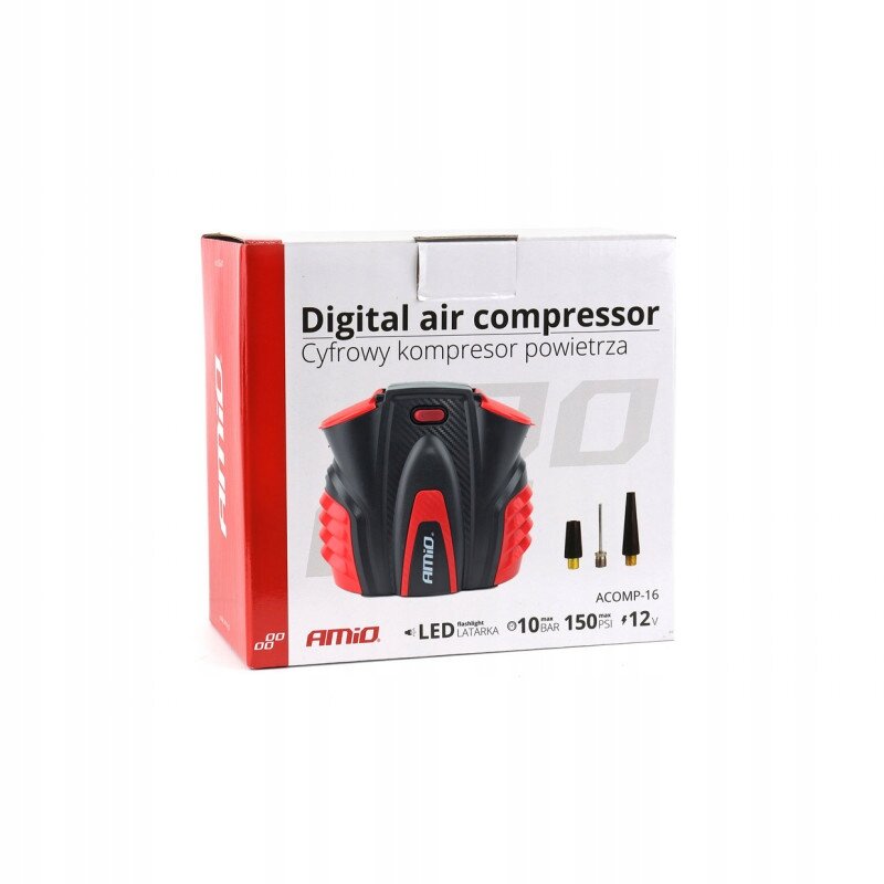 Opakowanie cyfrowego kompresora powietrza z napisem \'Digital air compressor Cyfrowy kompresor powietrza\'. Widoczne są również akcesoria oraz logo \'AMiO\'.