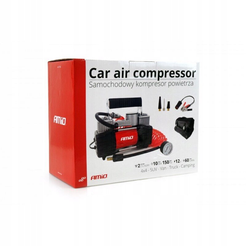 Opakowanie kompresora samochodowego z widocznym zdjęciem urządzenia i akcesoriów. Na opakowaniu znajduje się tekst: \'Car air compressor Samochodowy kompresor powietrza\', oraz logo \'AMiO\'.