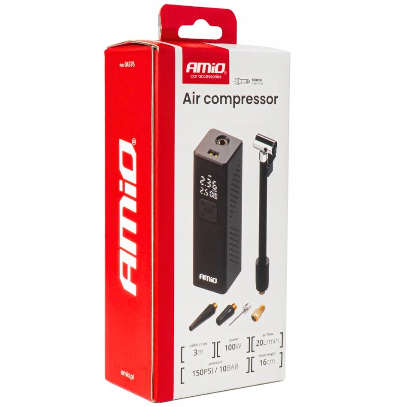 Opakowanie kompresora samochodowego AMiO z widocznym zdjęciem urządzenia i akcesoriów. Na opakowaniu znajdują się informacje: \'Air compressor\', \'150PSI / 10BAR\', \'100W\', \'20L/min\', \'16cm\', \'3m\'.