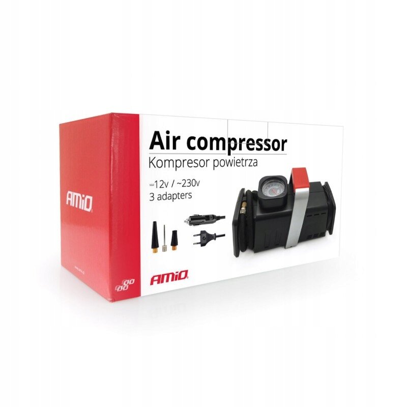 Opakowanie produktu z napisem \'Air compressor Kompresor powietrza\', zawierające obraz kompresora i trzy adaptery. Logo \'AMiO\' widoczne na czerwonym tle po lewej stronie opakowania.