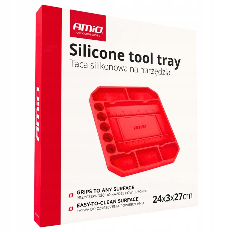 Opakowanie produktu z logo \'Amio car accessories\' zawiera czerwony silikonowy organizer na narzędzia. Widoczny tekst: \'Silicone tool tray, Taca silikonowa na narzędzia, Grips to any surface, Przyczepność do każdej powierzchni, Easy-to-clean surface, Łatwa do czyszczenia powierzchnia, 24x3x27cm\'.