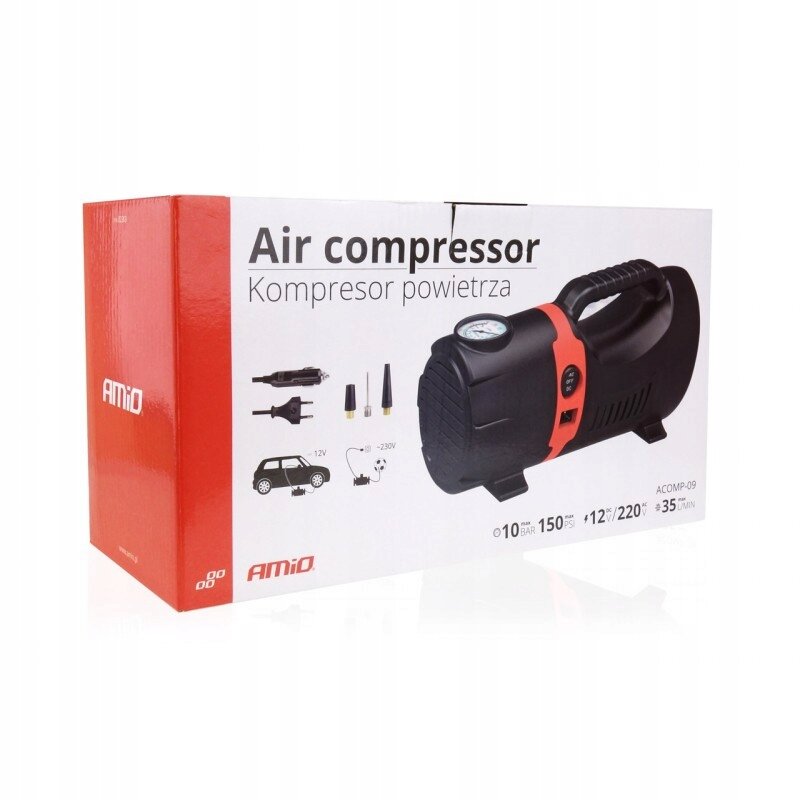 Opakowanie kompresora powietrza z napisem \'Air compressor Kompresor powietrza\' oraz logo \'AMiO\'. Widoczne są ilustracje akcesoriów i specyfikacje: 10 BAR, 150 PSI, 12V/220V, 35 L/MIN.