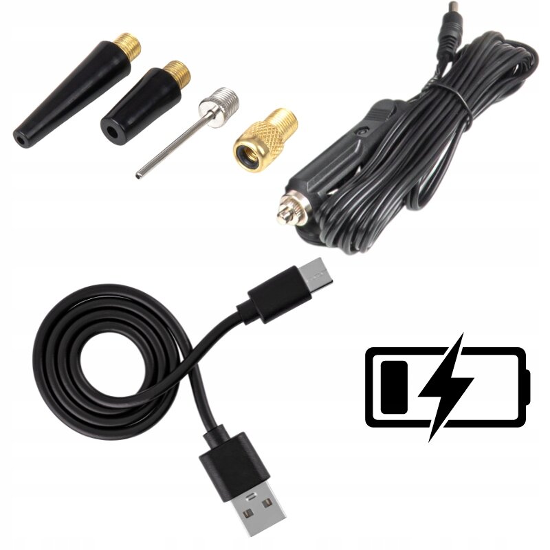 Na obrazie widoczne są różne końcówki do pompki, kabel z wtyczką samochodową oraz kabel USB. Obok znajduje się ikona baterii z błyskawicą.