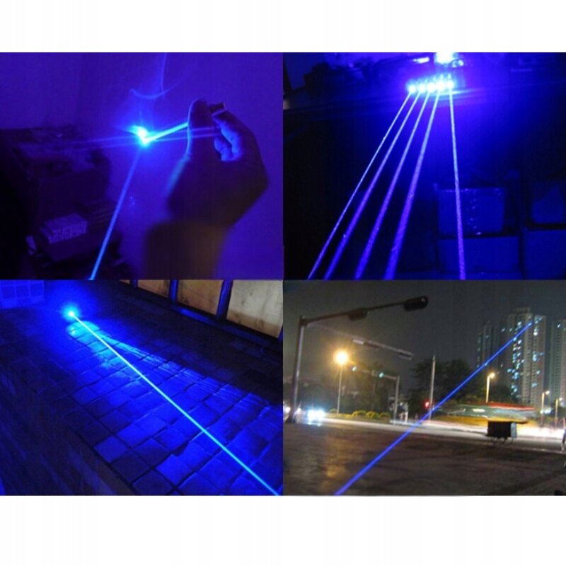 Cztery zdjęcia przedstawiające niebieski laser o dużej mocy, emitujący jasne, niebieskie wiązki światła w różnych sceneriach. Na jednym zdjęciu widać rękę trzymającą urządzenie emitujące laser.
