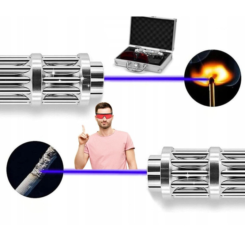 Obraz przedstawia metalowy wskaźnik laserowy emitujący niebieską wiązkę światła, która zapala zapałkę. W tle widoczna jest walizka z okularami ochronnymi.