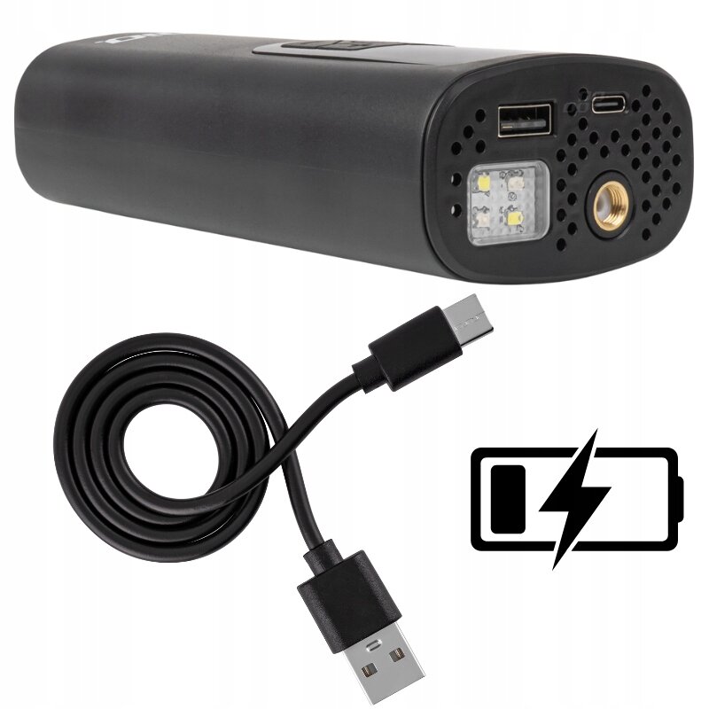 Na obrazie widoczna jest czarna pompka elektryczna z portami USB i LED-owym światłem, obok której znajduje się czarny kabel USB. Obok kabla widoczna jest ikona baterii z błyskawicą.