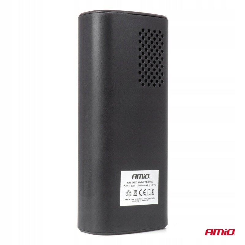 Czarny, prostokątny przedmiot z otworami wentylacyjnymi i etykietą zawierającą tekst: \'AMiO P/N: D4377 Model: YD-21937 7.4V 40W 2000mAh x 2 155PSI\'.