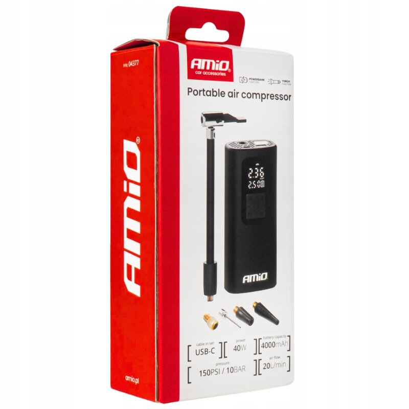 Opakowanie przenośnego kompresora powietrza marki AMiO z widocznym zdjęciem urządzenia i akcesoriów. Na opakowaniu znajdują się informacje: USB-C, 40W, 4000mAh, 150PSI/10BAR, 20L/min oraz logo AMiO.
