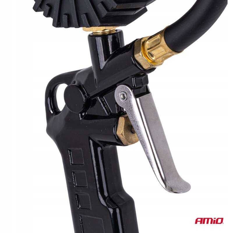 Czarny pistolet do pompowania kół z metalowym spustem i wężem, z widocznym logo \'AMIO\'.