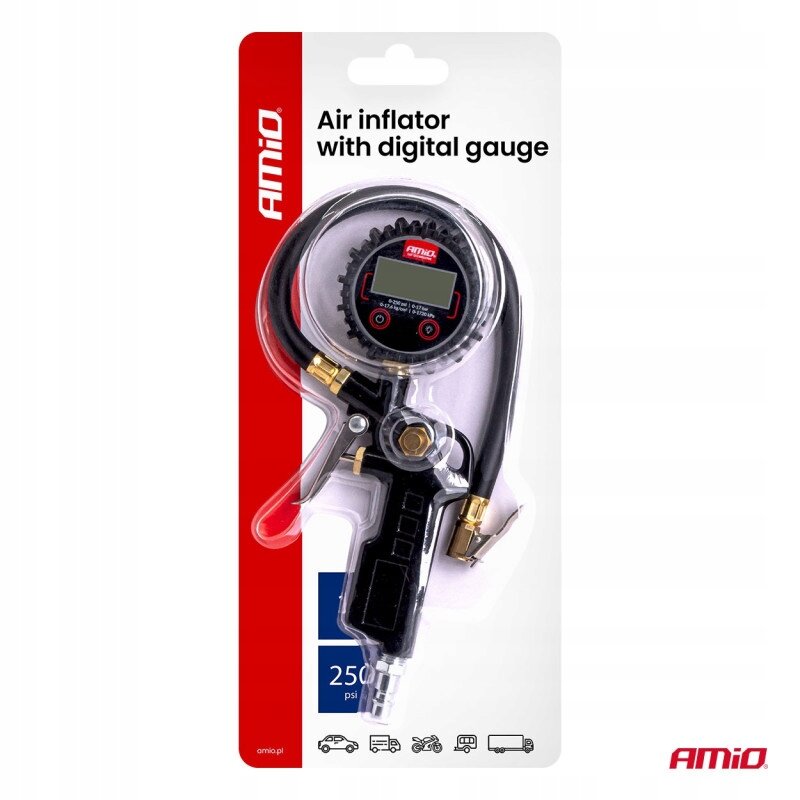 Opakowanie zawiera pistolet do pompowania kół z cyfrowym manometrem, oznaczone logo \'AMiO\'. Widoczny jest napis \'Air inflator with digital gauge\' oraz ikony pojazdów na dole opakowania.