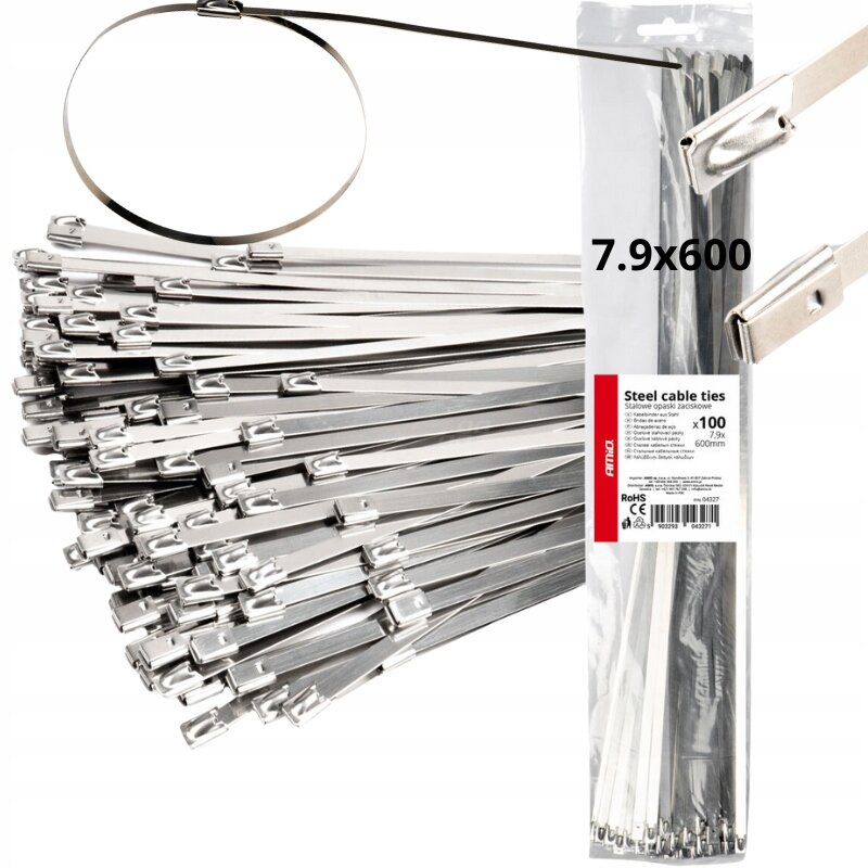 Obraz przedstawia metalowe opaski zaciskowe w opakowaniu z napisem \'Steel cable ties 7.9x600\'. Widoczna jest także pojedyncza opaska w formie pętli oraz logo \'AMiO\'.