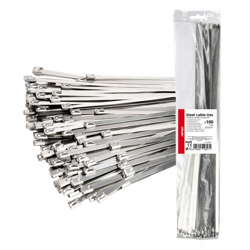 Obraz przedstawia metalowe opaski zaciskowe w dużej ilości, obok znajduje się opakowanie z etykietą \'Steel cable ties, Stalowe opaski zaciskowe, x100, 7.9x600mm\'.