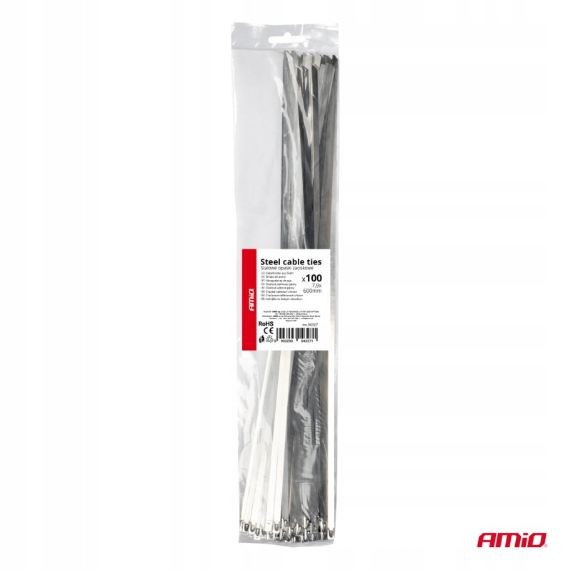Opakowanie zawierające metalowe opaski zaciskowe z widoczną etykietą z napisem \'Steel cable ties\' oraz logo \'AMiO\'.
