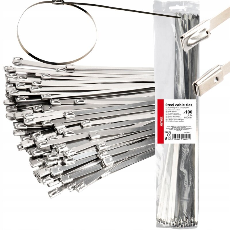 Na obrazie widoczne są metalowe opaski zaciskowe w dużej ilości, a obok nich znajduje się opakowanie z etykietą \'Steel cable ties\'.
