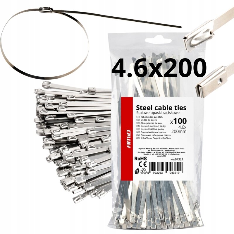 Na obrazie widoczne są stalowe opaski zaciskowe w opakowaniu z napisem \'Steel cable ties Stalowe opaski zaciskowe x100 4.6x200mm\'. Obok opakowania znajduje się rozłożona opaska oraz stos opasek, a na opakowaniu widnieje logo \'AMiO\'.