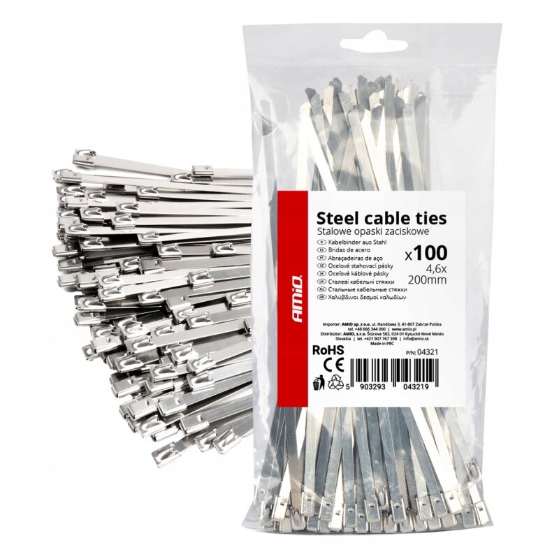 Na obrazie widoczna jest paczka stalowych opasek zaciskowych z napisem \'Steel cable ties\' oraz logo \'AMiO\'. Opakowanie zawiera 100 sztuk o wymiarach 4,6x200mm, a na etykiecie znajdują się dodatkowe informacje techniczne i certyfikaty.