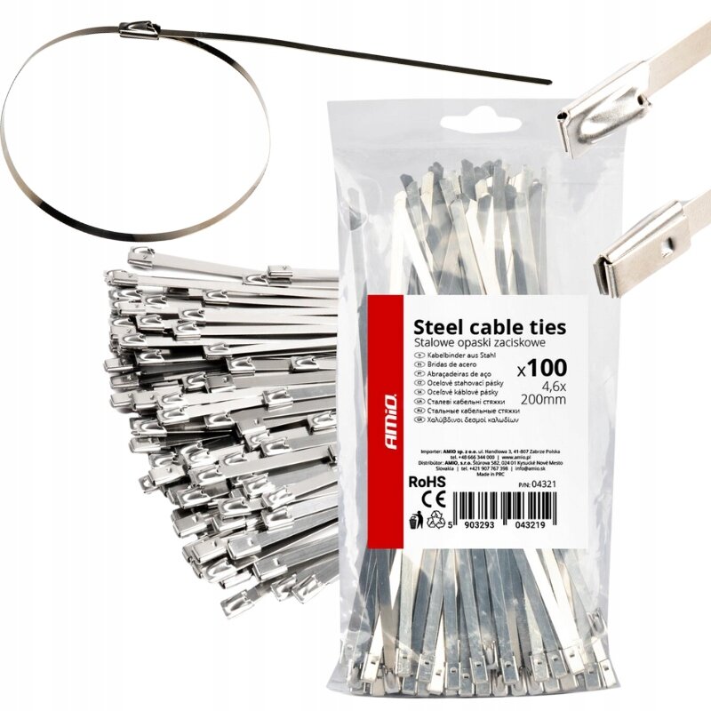 Na obrazie widoczna jest paczka stalowych opasek zaciskowych z etykietą \'Steel cable ties Stalowe opaski zaciskowe x100 4,6x200mm\'. Obok paczki znajduje się pojedyncza opaska w formie zaciśniętej pętli oraz kilka luźnych opasek.