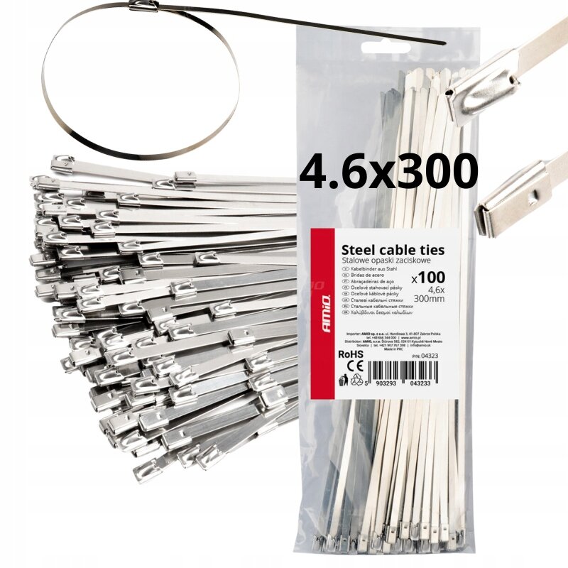 Zdjęcie przedstawia metalowe opaski zaciskowe w opakowaniu z napisem \'Steel cable ties\' oraz \'4.6x300\'. Na opakowaniu widnieje logo \'AMiO\' i informacja o ilości: \'x100\'.