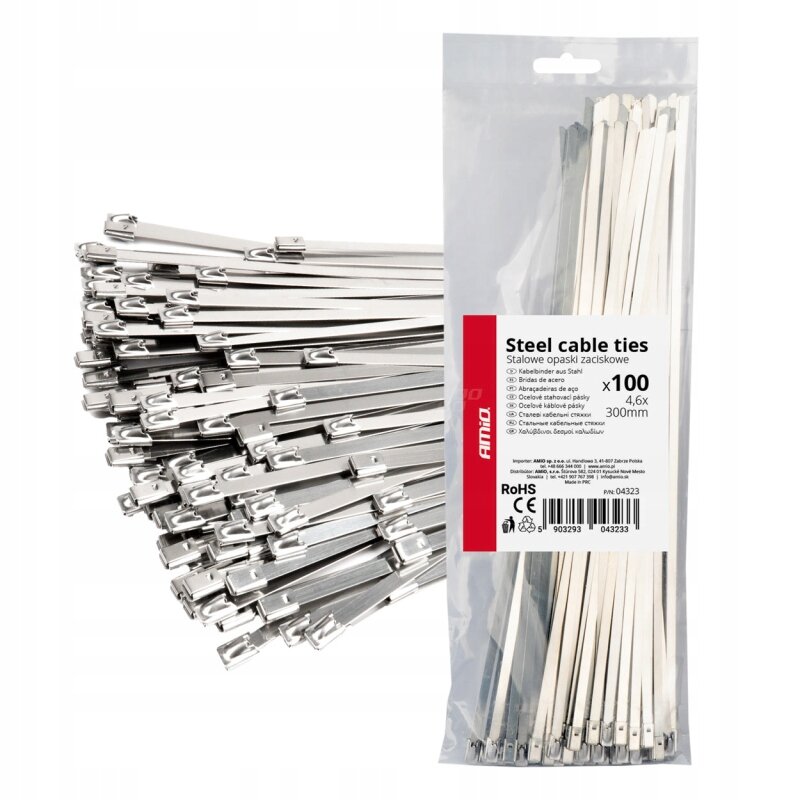 Obraz przedstawia metalowe opaski zaciskowe w dużej ilości, obok znajduje się przezroczyste opakowanie z etykietą. Na etykiecie widnieje tekst: \'Steel cable ties Stalowe opaski zaciskowe x100 4.6x300mm\', oraz logo AMiO.