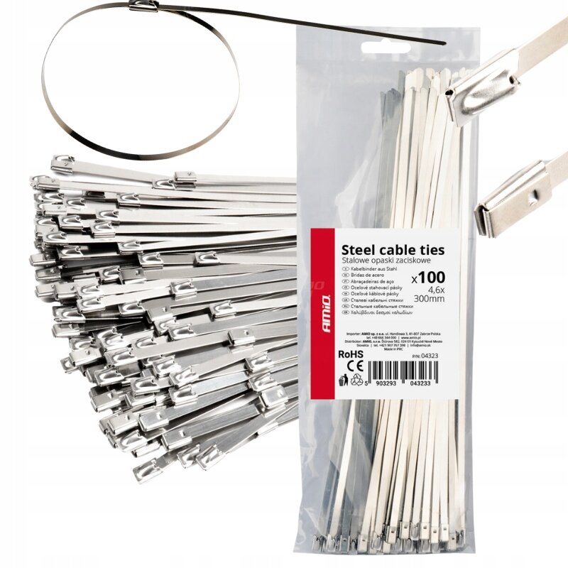 Zdjęcie przedstawia metalowe opaski zaciskowe w opakowaniu z napisem \'Steel cable ties Stalowe opaski zaciskowe x100 4.6x300mm\'. Widoczne jest logo \'AMiO\' oraz symbole certyfikatów RoHS i CE.