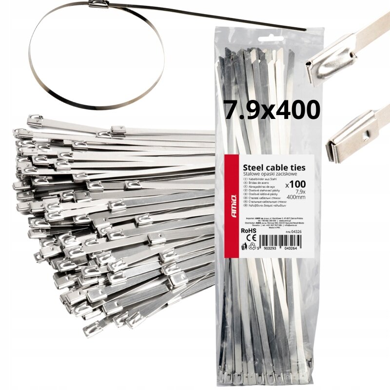 Obraz przedstawia metalowe opaski zaciskowe w opakowaniu z napisem \'Steel cable ties\' oraz \'7.9x400\'. Widoczne jest logo \'AMiO\' i informacja o ilości 100 sztuk.