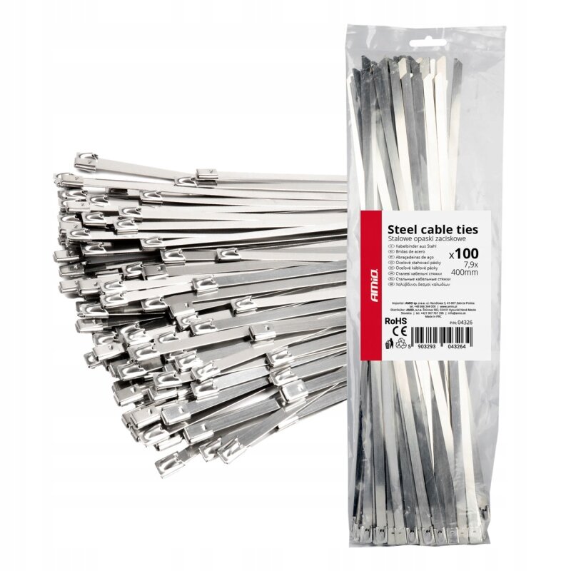 Na obrazie widoczne są metalowe opaski zaciskowe w dużej ilości, a obok znajduje się przezroczyste opakowanie z etykietą. Etykieta zawiera tekst: \'Steel cable ties Stalowe opaski zaciskowe x100 7,9x400mm\', oraz logo \'AMiO\'.