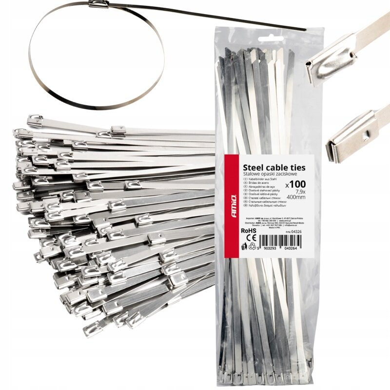 Na obrazie widoczne są metalowe opaski zaciskowe w opakowaniu z etykietą \'Steel cable ties Stalowe opaski zaciskowe x100 7,9x400mm\'. Obok opakowania znajduje się rozłożona opaska oraz zbliżenie na mechanizm zaciskowy.