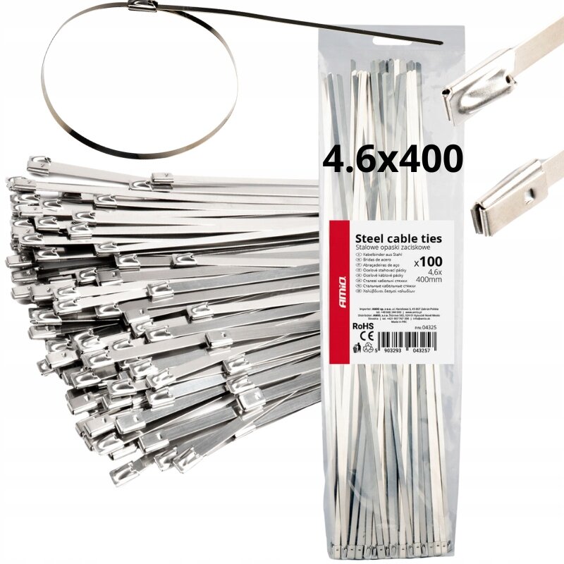 Obraz przedstawia metalowe opaski zaciskowe w opakowaniu z napisem \'Steel cable ties Stalowe opaski zaciskowe x100 4.6x400mm\'. Widoczne jest logo \'AMiO\' oraz symbole certyfikatów RoHS i CE.
