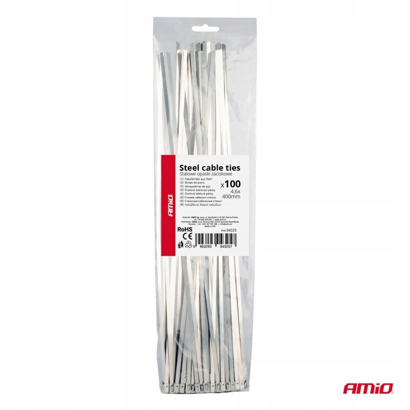 Opakowanie zawiera 100 sztuk stalowych opasek zaciskowych o wymiarach 4,6x400 mm. Na opakowaniu widnieje logo AMiO oraz tekst: \'Steel cable ties\'.