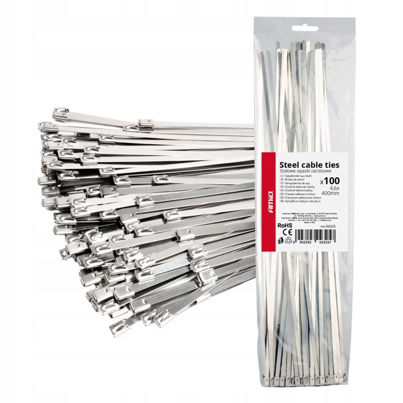 Na obrazie widoczne są metalowe opaski zaciskowe w dużej ilości, a obok nich znajduje się opakowanie z etykietą \'Steel cable ties\'. Na etykiecie widnieje logo \'AMiO\' oraz informacje o rozmiarze 4.6x400mm i ilości 100 sztuk.