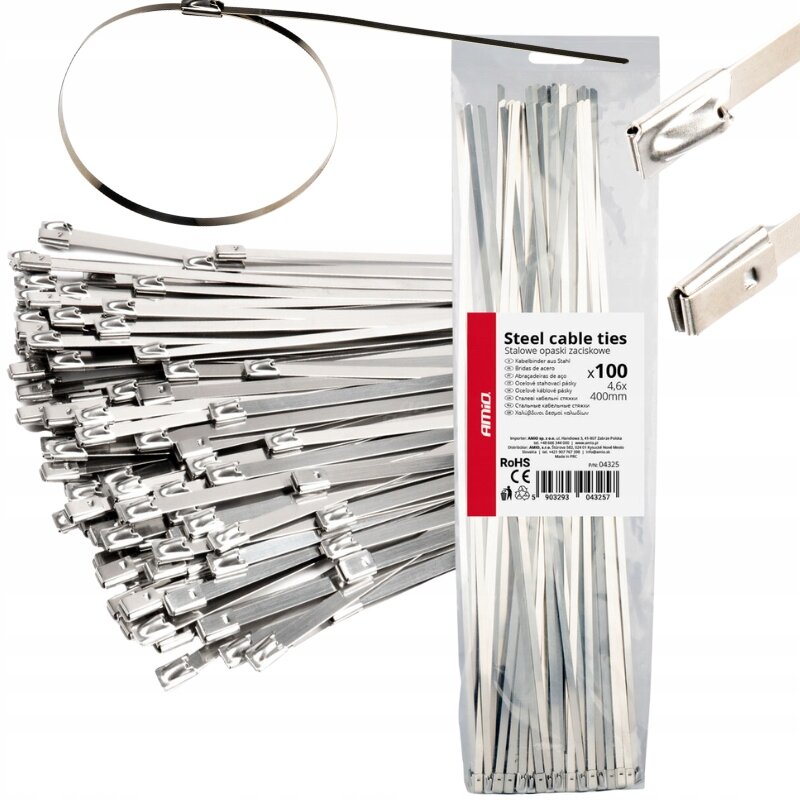 Na obrazie widoczne są metalowe opaski zaciskowe w srebrnym kolorze, zapakowane w przezroczystą torbę z etykietą. Etykieta zawiera tekst: \'Steel cable ties Stalowe opaski zaciskowe x100 4.6x400mm\', a także logo AMiO i symbole certyfikacji RoHS i CE.