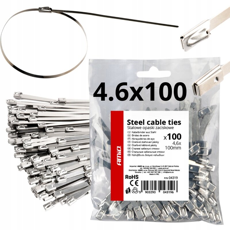 Na obrazie widoczne są stalowe opaski zaciskowe oraz opakowanie z napisem \'Steel cable ties Stalowe opaski zaciskowe 4.6x100\'. Opakowanie zawiera 100 sztuk opasek, a na etykiecie widnieje logo \'AMiO\'.