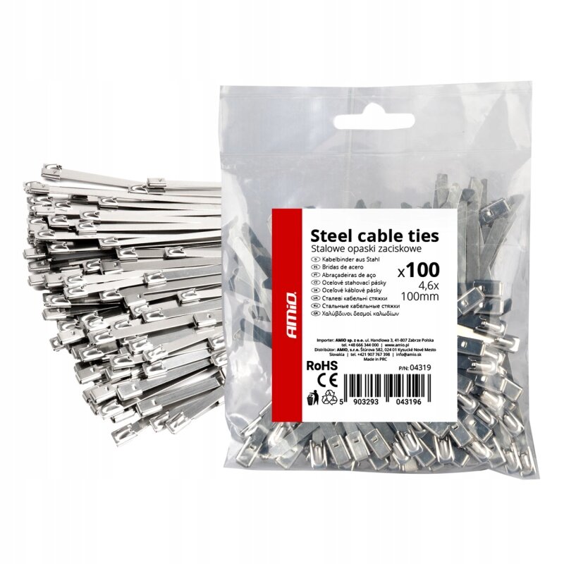Na obrazie widoczna jest paczka stalowych opasek zaciskowych z etykietą zawierającą tekst: \'Steel cable ties Stalowe opaski zaciskowe x100 4,6x100mm\'. Obok paczki znajduje się stos metalowych opasek zaciskowych.