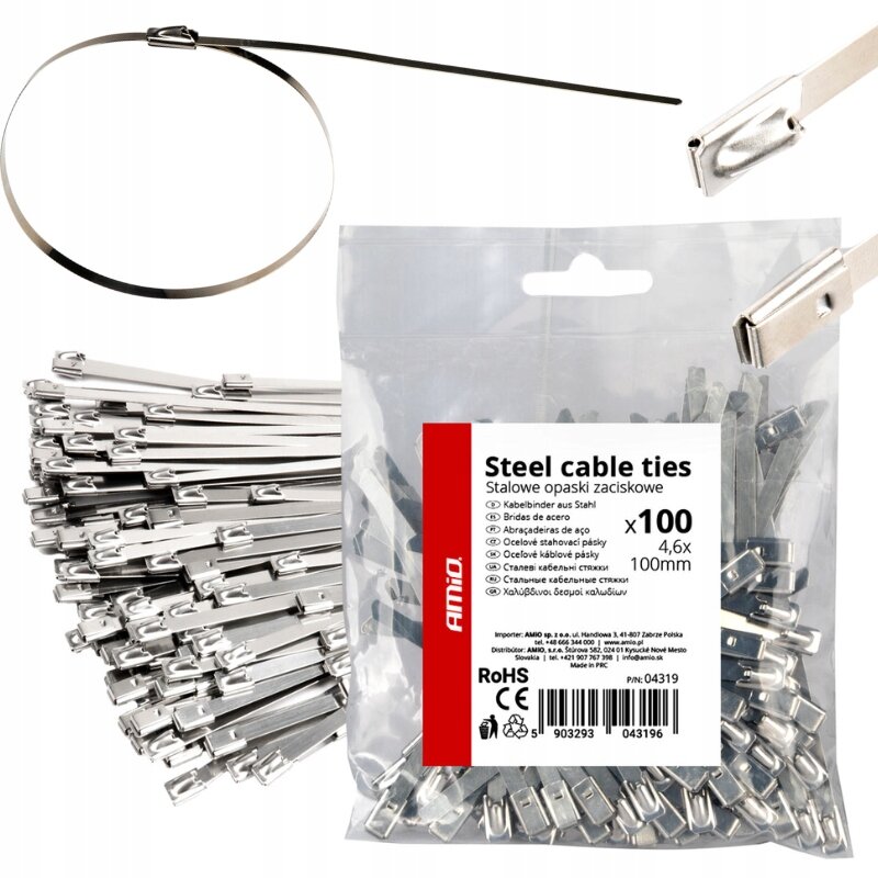 Na obrazie widoczne są stalowe opaski zaciskowe oraz opakowanie z napisem \'Steel cable ties Stalowe opaski zaciskowe x100 4,6x100mm\'. Logo \'AMiO\' znajduje się na opakowaniu.