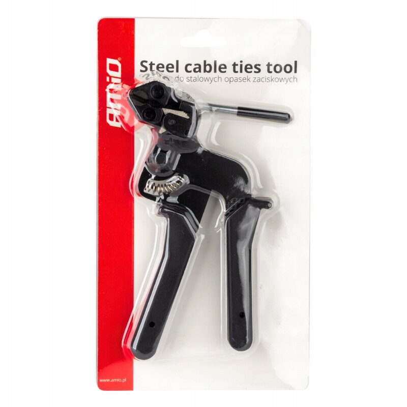 Na obrazku znajduje się narzędzie do stalowych opasek zaciskowych w opakowaniu z przezroczystego plastiku. Widoczny jest tekst: \'Steel cable ties tool\' oraz logo \'AMiO\'.