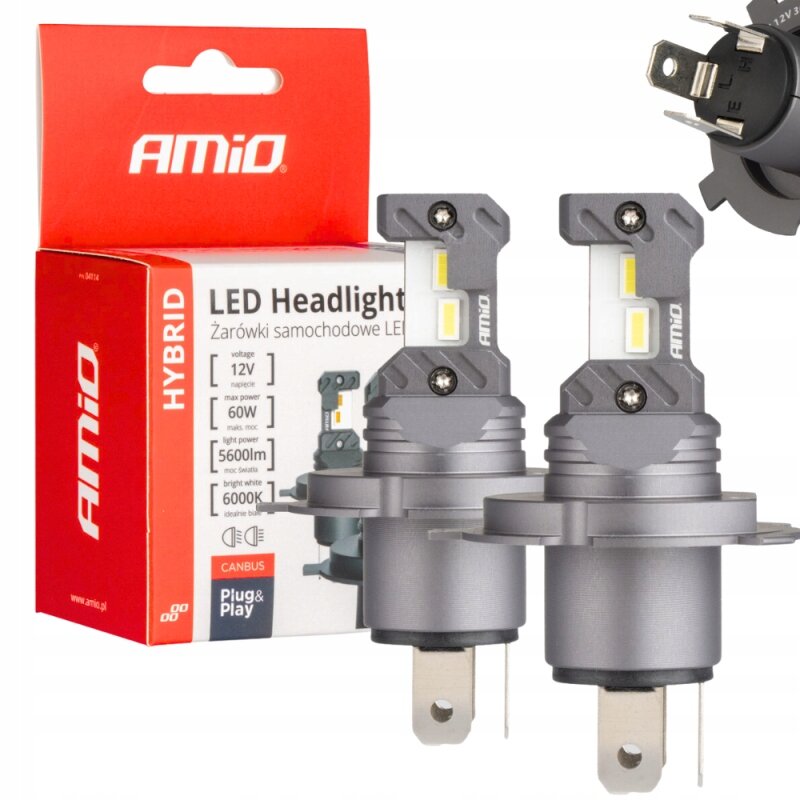 Na obrazie widoczne są dwie żarówki samochodowe LED oraz opakowanie z logo \'AMiO\'. Na opakowaniu znajduje się tekst: \'LED Headlight Żarówki samochodowe LED\', \'voltage 12V\', \'max power 60W\', \'light power 5600lm\', \'bright white 6000K\'.