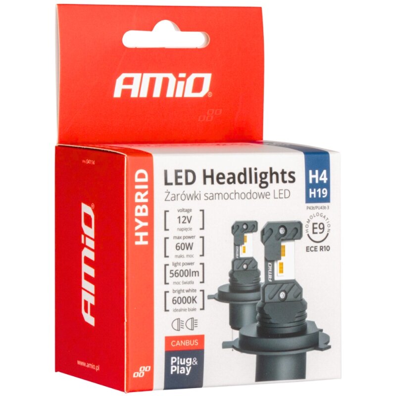 Opakowanie żarówek samochodowych LED marki AMiO z oznaczeniami H4 i H19. Na opakowaniu widnieją informacje: 12V, 60W, 5600Lm, 6000K, homologacja E9, CANBUS, Plug & Play.