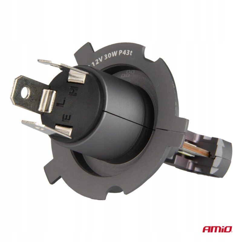 Zdjęcie przedstawia żarówkę samochodową LED z metalowymi stykami i czarną obudową. Widoczny jest napis \'12V 30W P43t\' oraz logo \'AMiO\'.
