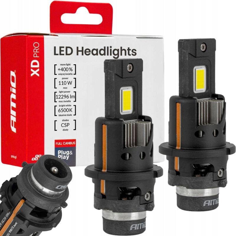 Na obrazie widoczne są dwie żarówki samochodowe LED oraz opakowanie z napisem \'LED Headlights\'. Na opakowaniu znajdują się informacje: \'+400% więcej światła\', \'110 W\', \'12296 lm\', \'6500K\', \'CSP diody\', \'FULL CANBUS\', \'Plug & Play\'.