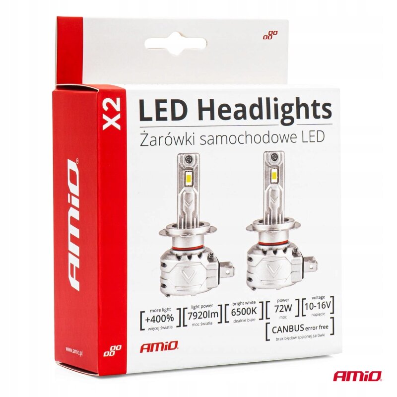 Opakowanie żarówek samochodowych LED marki AMiO z napisem \'LED Headlights Żarówki samochodowe LED\'. Widoczne są dwa modele żarówek oraz informacje: \'+400% więcej światła\', \'7920lm moc światła\', \'6500K idealnie białe\', \'72W moc\', \'10-16V napięcie\', \'CANBUS error free brak błędów spalonej żarówki\'.