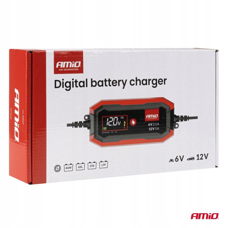 Opakowanie ładowarki do akumulatora z napisem \'Digital battery charger\' oraz logo \'AMiO\'. Widoczny jest obrazek urządzenia z wyświetlaczem pokazującym \'12.0V\' i oznaczeniami \'6V 2.5A\' oraz \'12V 5A\'.