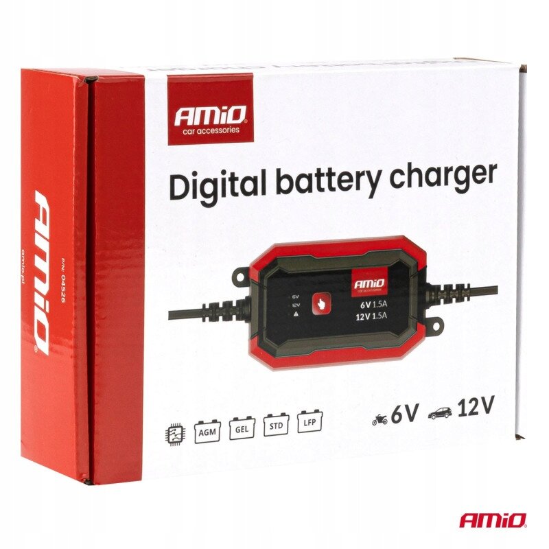 Opakowanie ładowarki do akumulatora z napisem \'AMiO car accessories Digital battery charger\'. Widoczne są oznaczenia 6V 1.5A, 12V 1.5A oraz ikony AGM, GEL, STD, LFP.