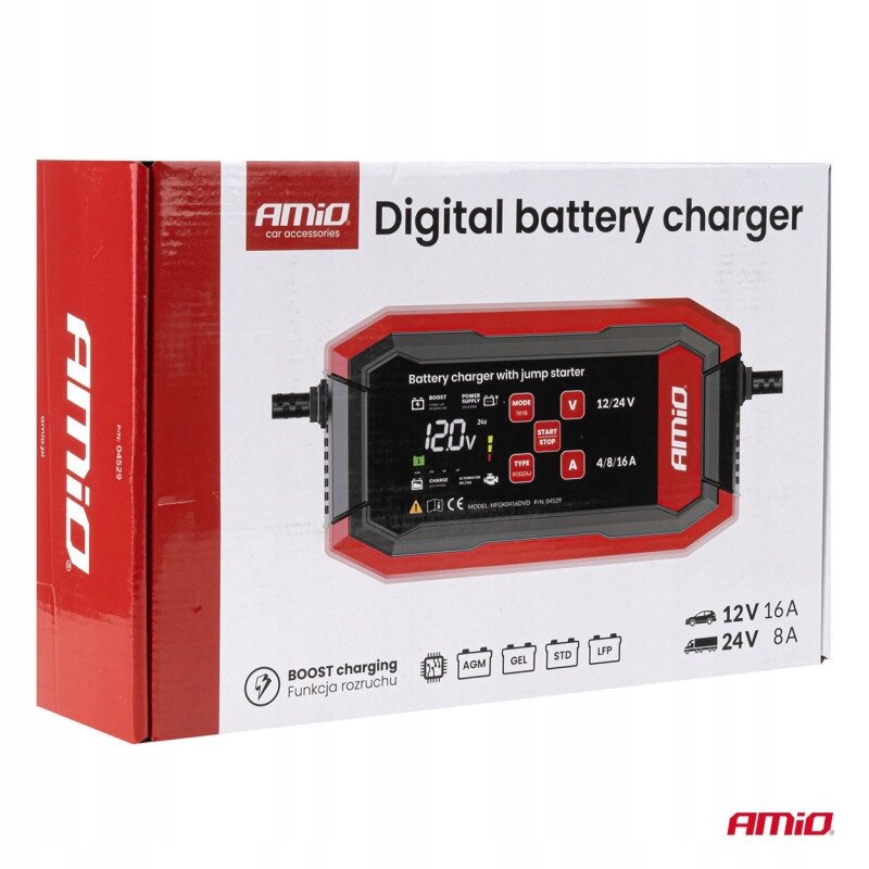 Opakowanie ładowarki do akumulatora z napisem \'AMiO Digital battery charger\' oraz grafiką urządzenia z wyświetlaczem i przyciskami. Widoczne są także informacje o funkcjach: \'BOOST charging Funkcja rozruchu\', \'12V 16A\', \'24V 8A\' oraz logo \'AMiO\'.