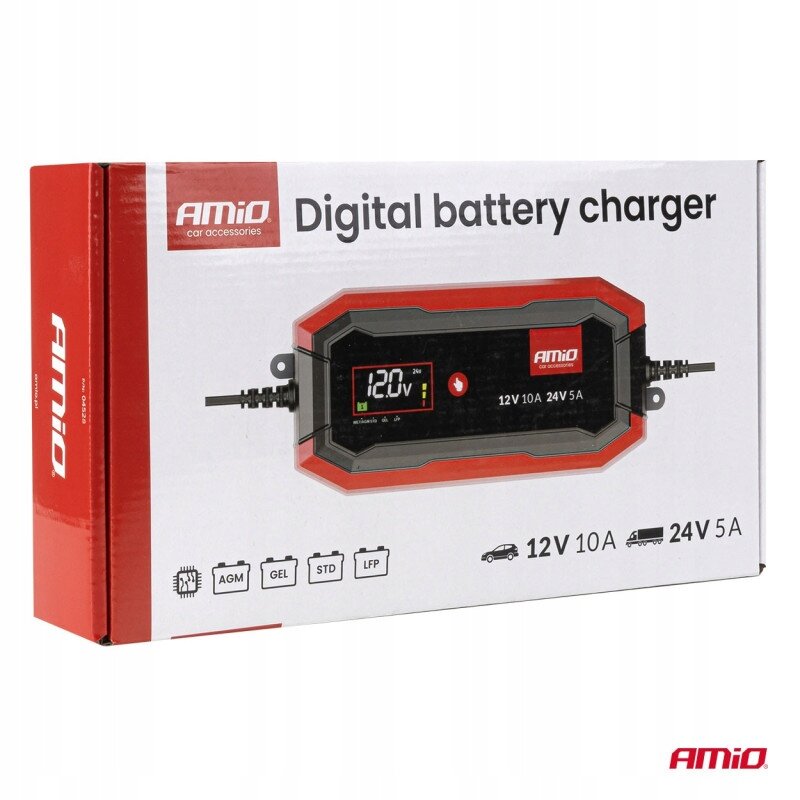 Opakowanie ładowarki do akumulatora z napisem \'AMiO Digital battery charger\' oraz grafiką urządzenia z wyświetlaczem pokazującym \'12.0V\'. Na opakowaniu widoczne są oznaczenia: AGM, GEL, STD, LFP oraz specyfikacje 12V 10A i 24V 5A.